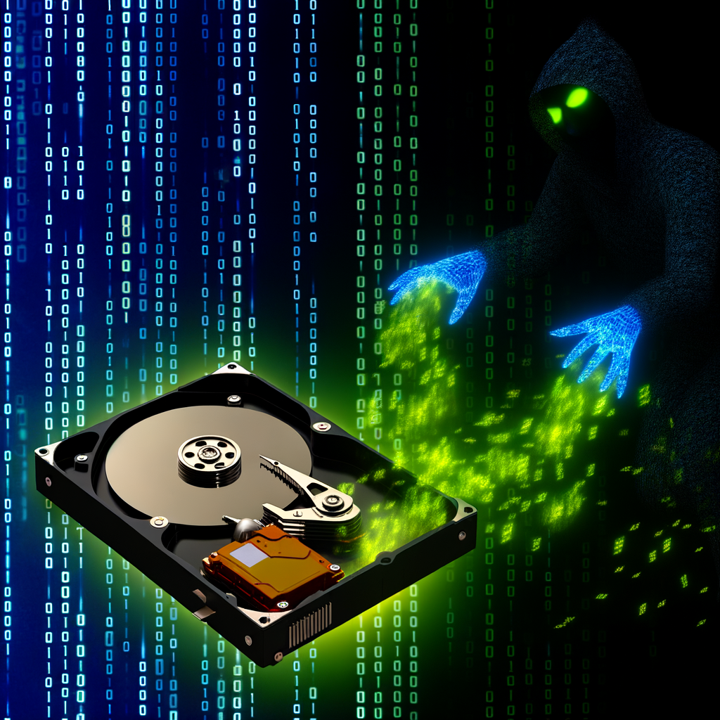 個人情報がハッカーにハードディスクから漏洩する場面